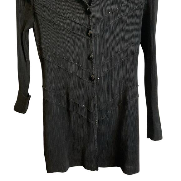 Pleats Textured Black Dressy Blouse S Longline Sparkling Beads Faceted Buttons - Picture 6 of 10
